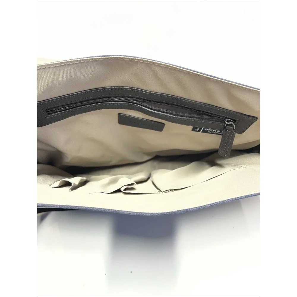 Levenger Staff Bag Messenger Crossbody Carry On Blue Jean Black Leather Accent